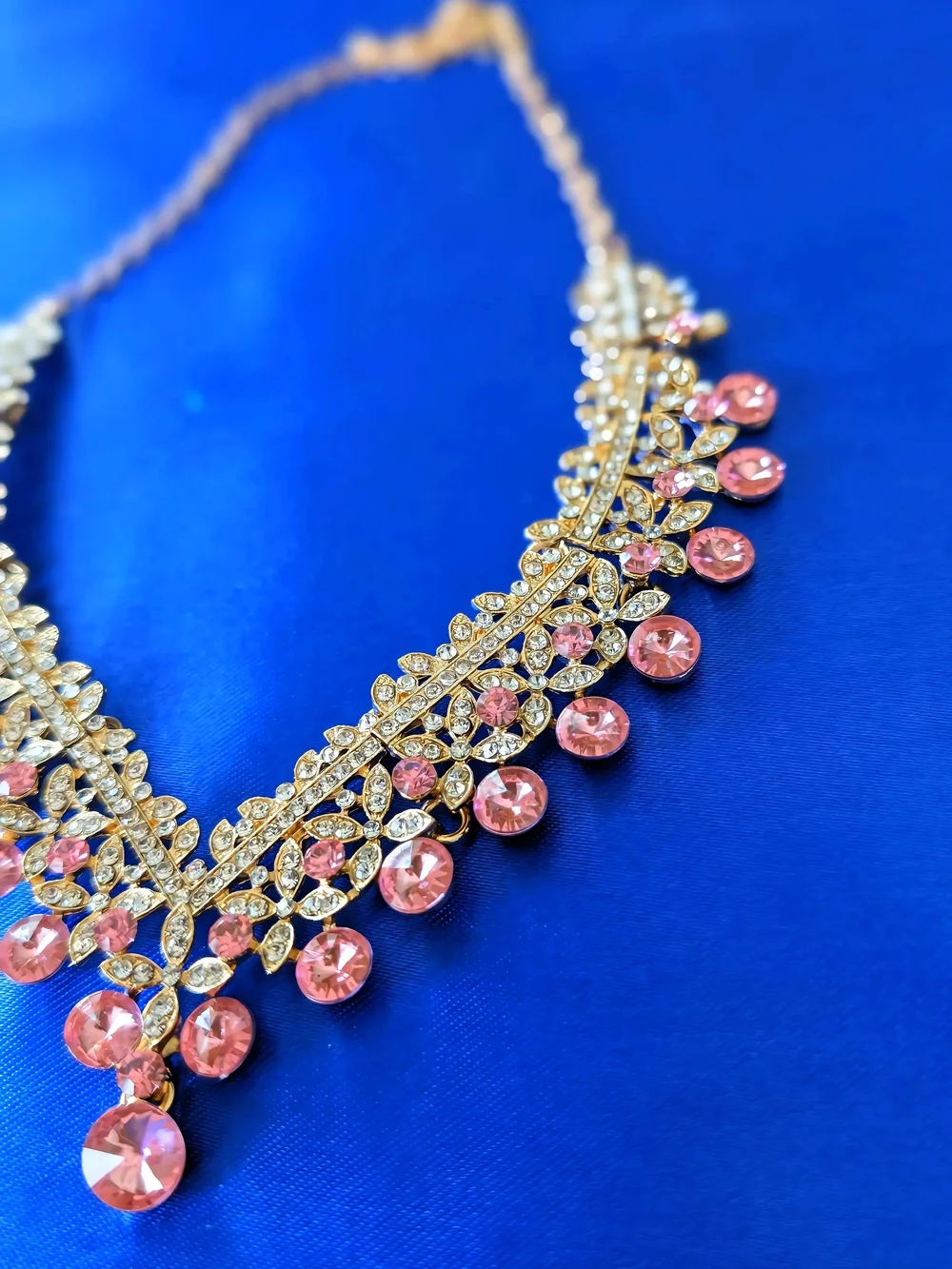 Gold Plated Pink Crystal Statement Necklace & Earring Set